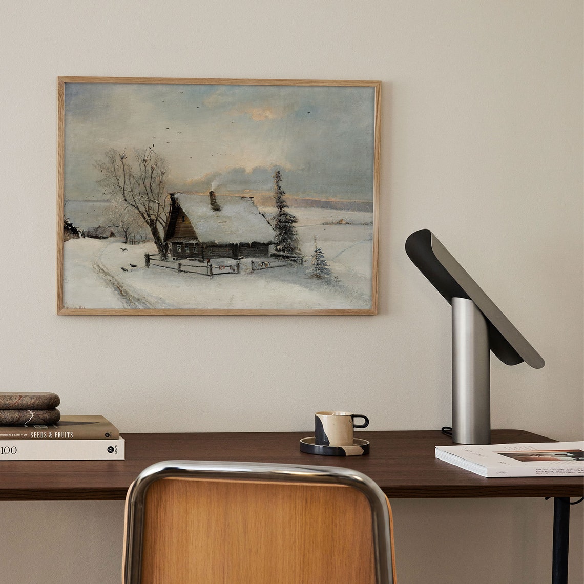 Rustic Winter Oil Painting Vintage Cottage Print Rustic Snow Winter Wall Art Antique Moody Country Vintage Farmhouse Painting - Image 3
