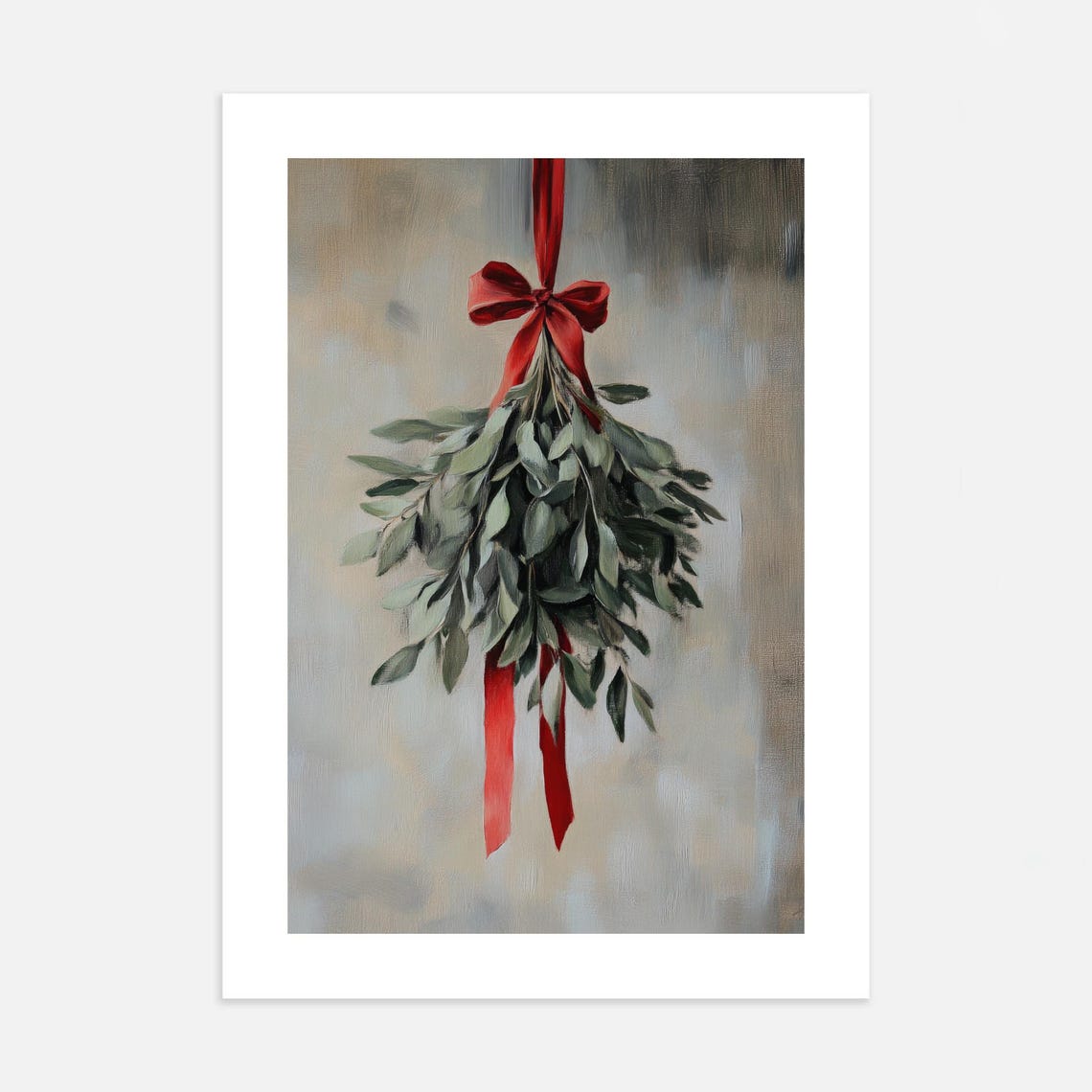 Hanging Mistletoe Red Ribbon Vintage Style Christmas Holiday Poster - Image 2