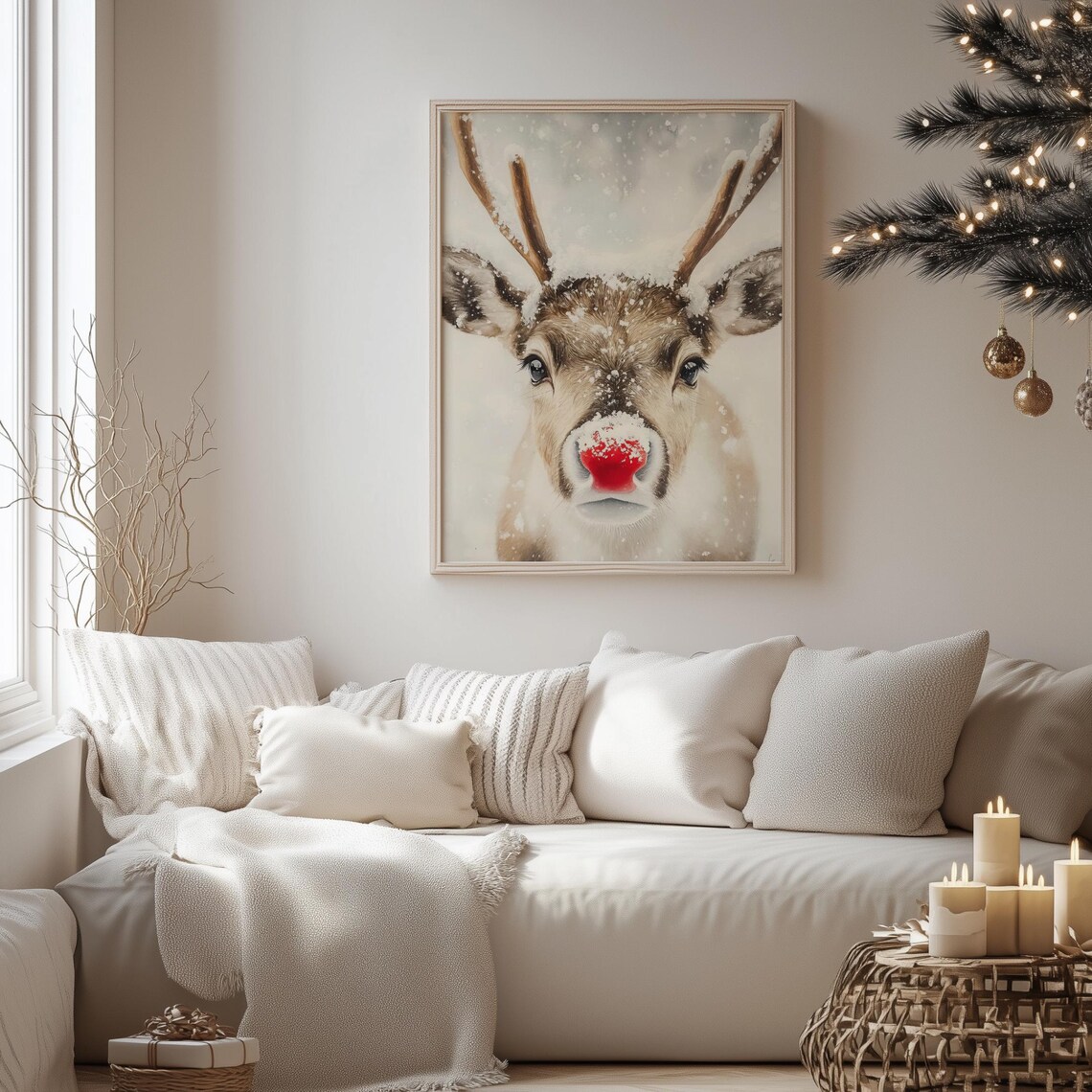 Cute Red Nosed Reindeer in Falling Snow Christmas Watercolor Poster - Image 4