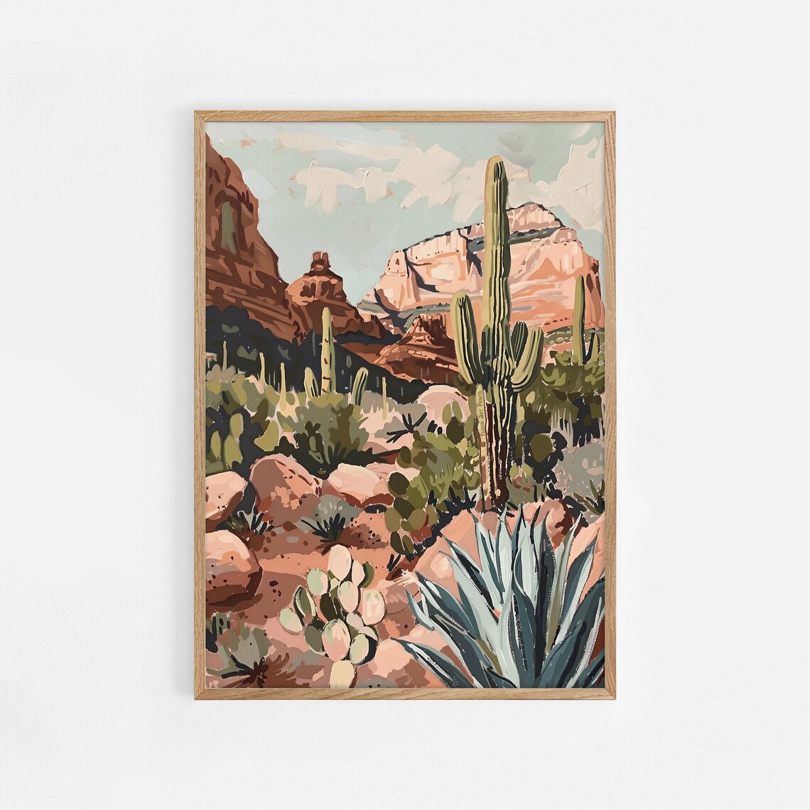 Arizona Desert Saguaro Cactus Red Rocks Colorful Painting Poster