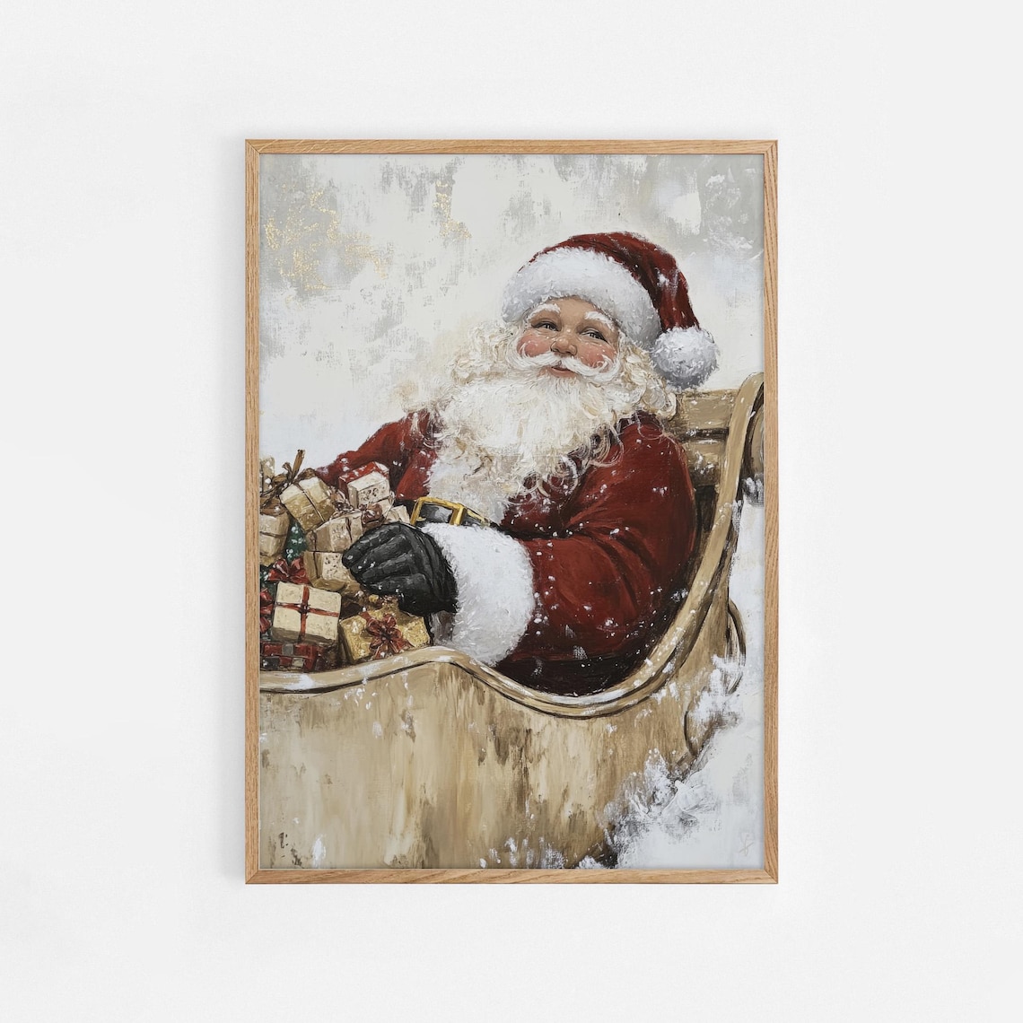 Jolly Santa Claus With Gifts Sleigh Vintage Christmas Painting Poster