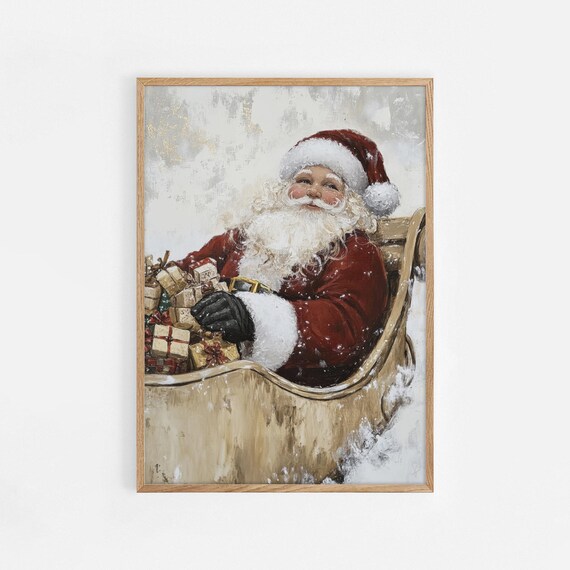 Jolly Santa Claus With Gifts Sleigh Vintage Christmas Painting Poster