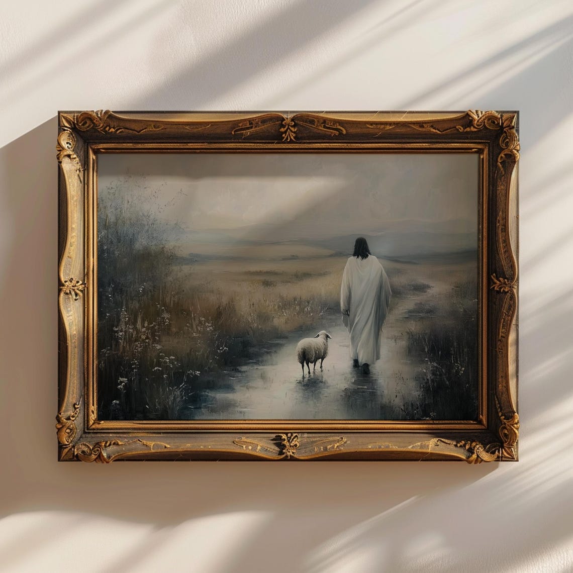 Jesus Good Shepherd with Lamb Misty Path Christian Art Poster - Image 3