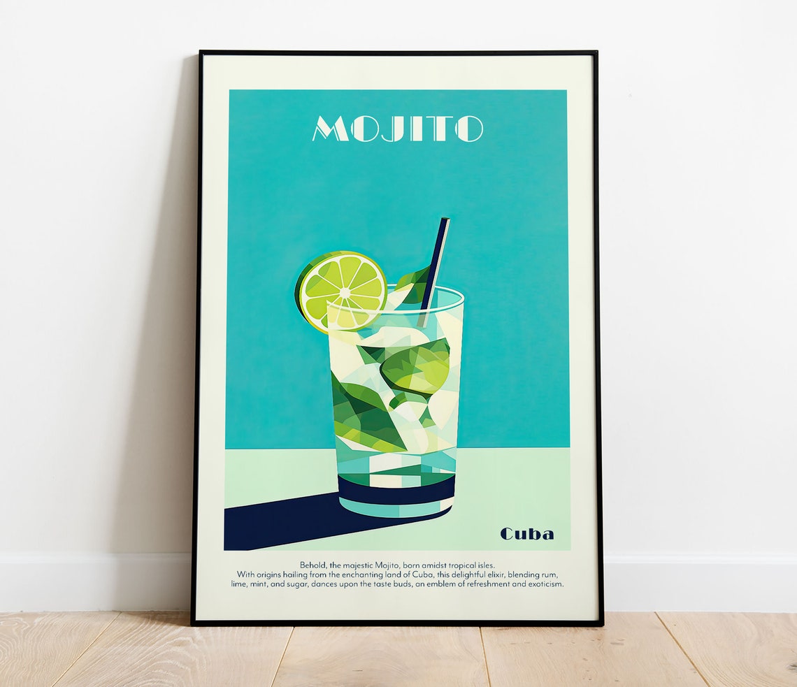 Mojito Cuban Cocktail Retro Poster With Lime Mint On Turquoise Wall