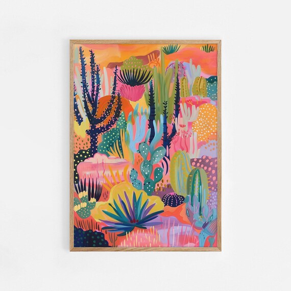 Vibrant Desert Cactus Garden Poster Colorful Sunset Botanical Decor Art