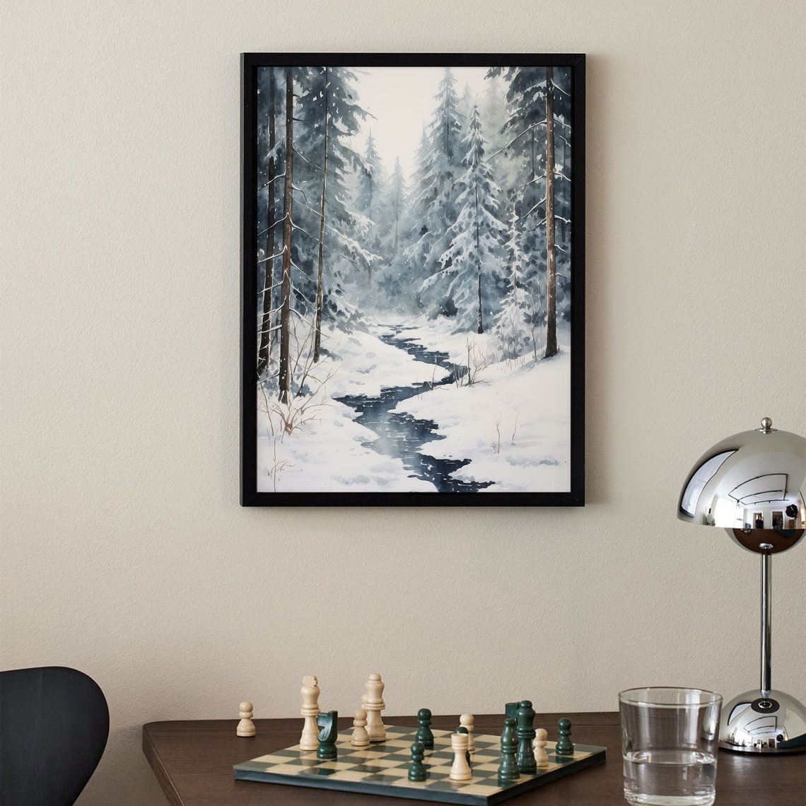 Neutral Snowy Pine Forest Stream Winter Watercolor Muted Poster - Image 2