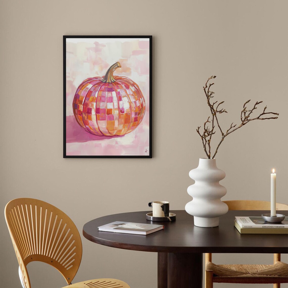 Disco Ball Pumpkin Pink Orange Glam Fall Halloween Art Poster - Image 4