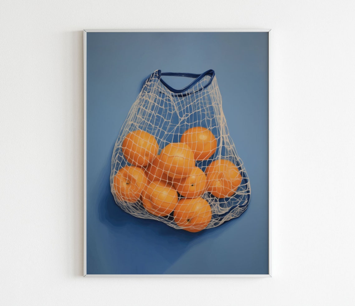Mesh Bag of Oranges on Deep Blue Modern Fruit Still Life Wall Art - Image 3