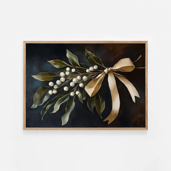 Dark Moody Mistletoe White Berries Champagne Bow Holiday Poster