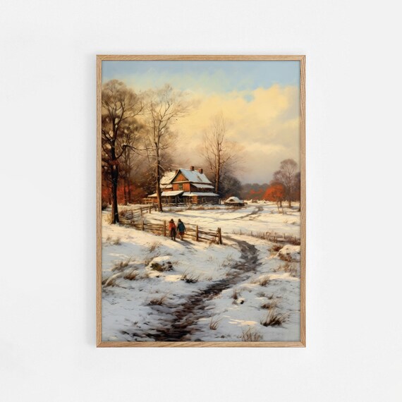 Snowy Farmhouse Path Two Walkers Winter Oil Painting Wall Art