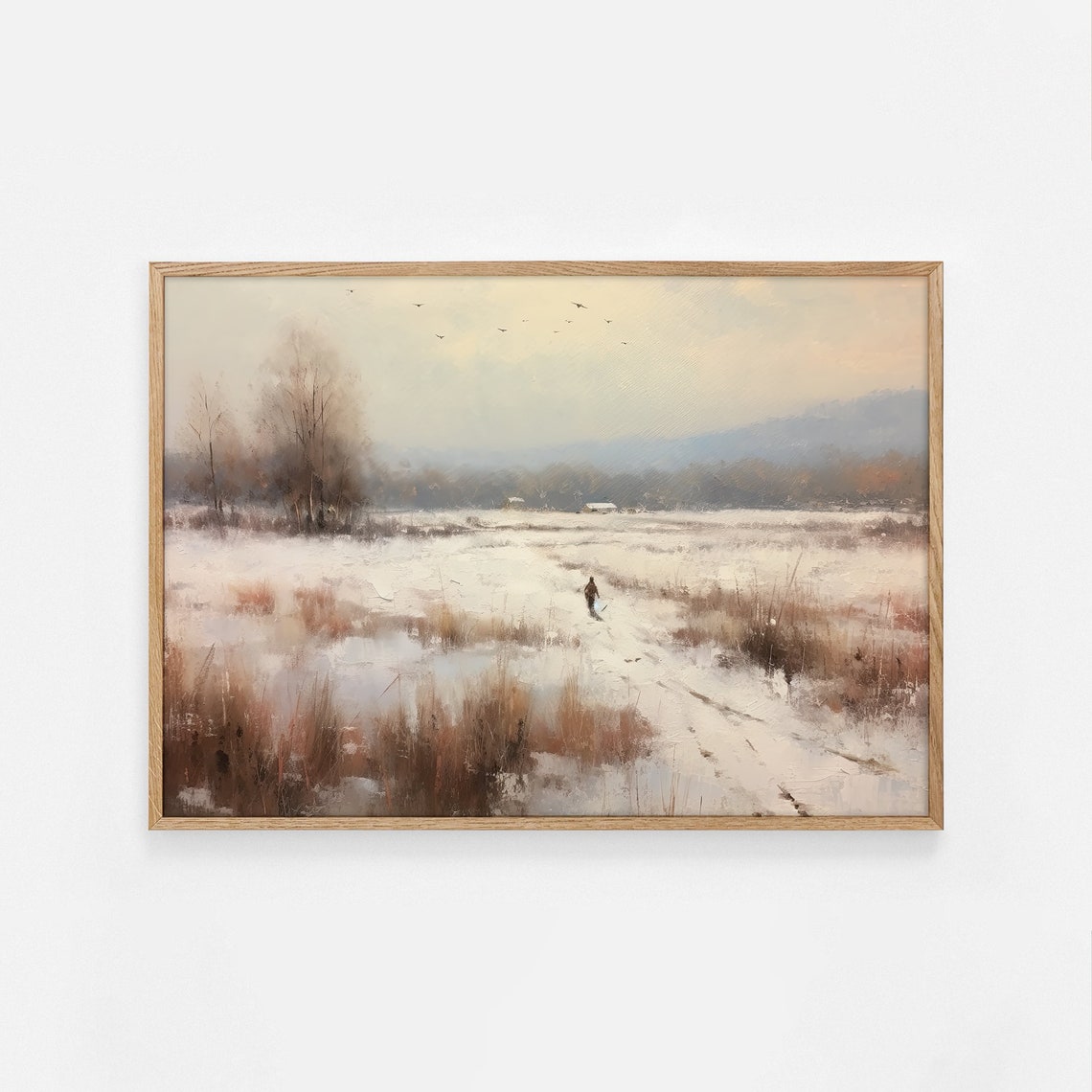Winter Field Snowy Landscape Lone Walker Birds Painting Poster