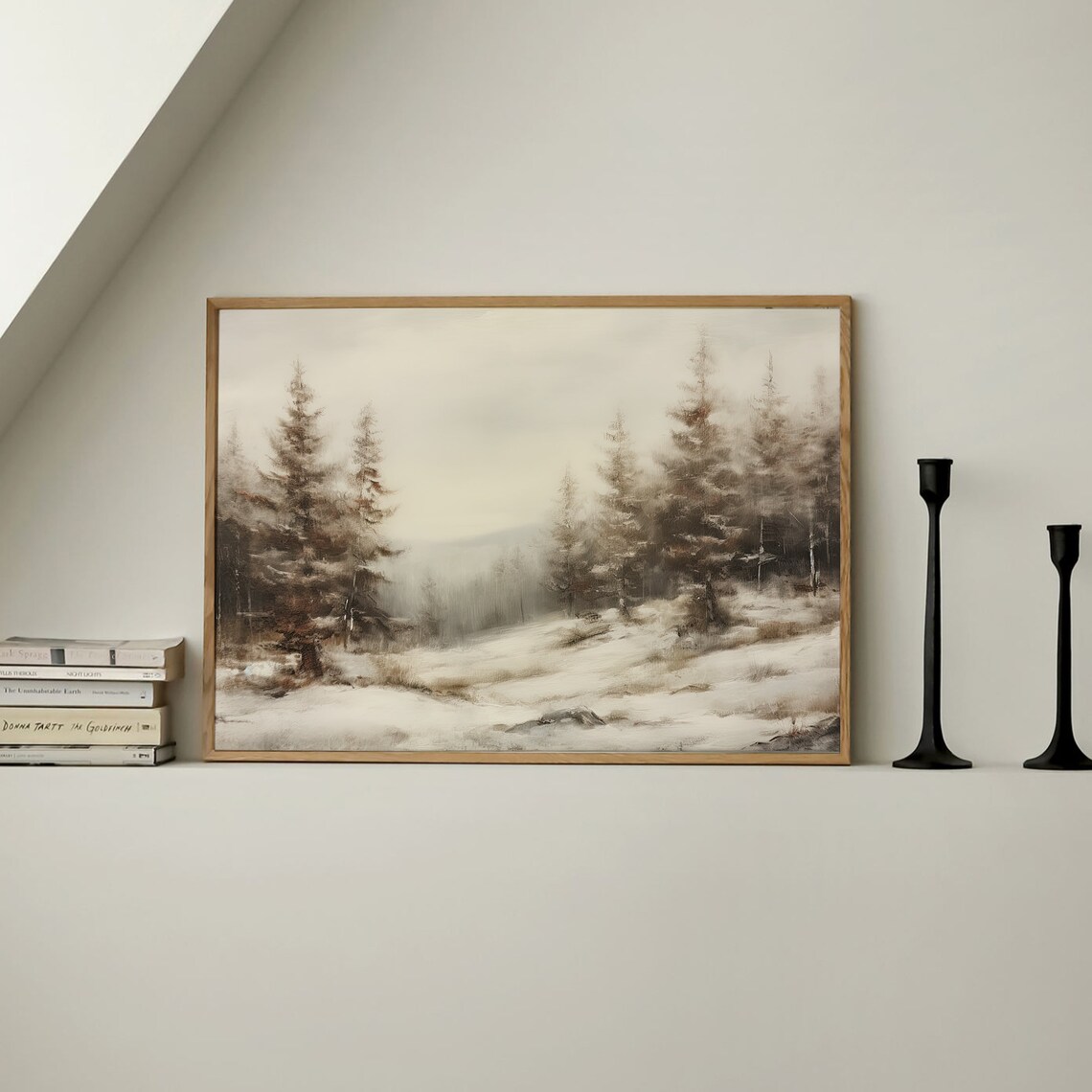 Snowy Winter Pine Hillside Vintage Landscape Painting Poster - Image 3
