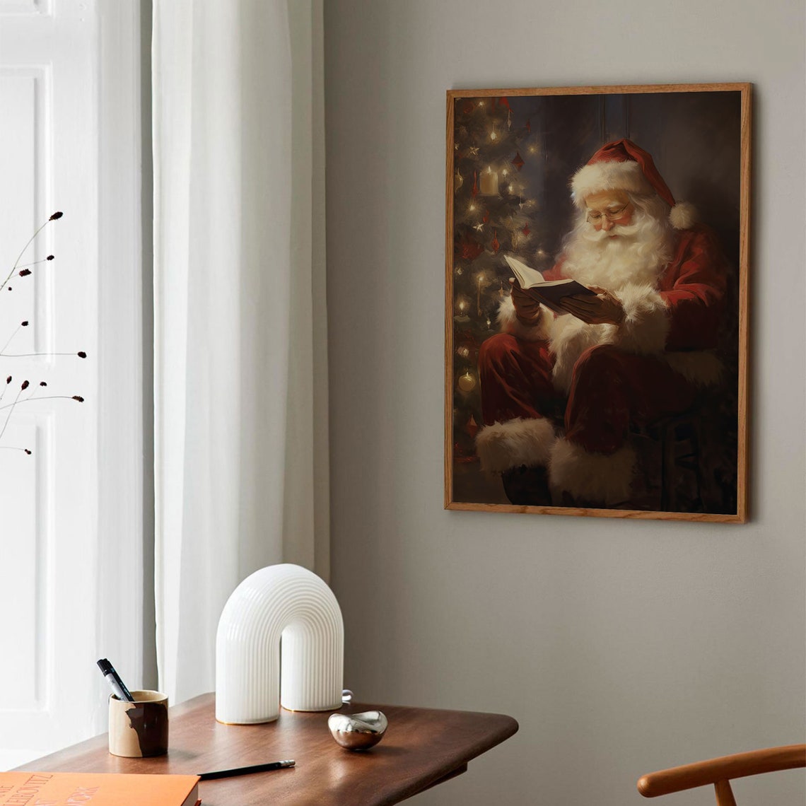 Santa Claus Reading Book Christmas Tree Vintage Style Oil Poster - Image 3