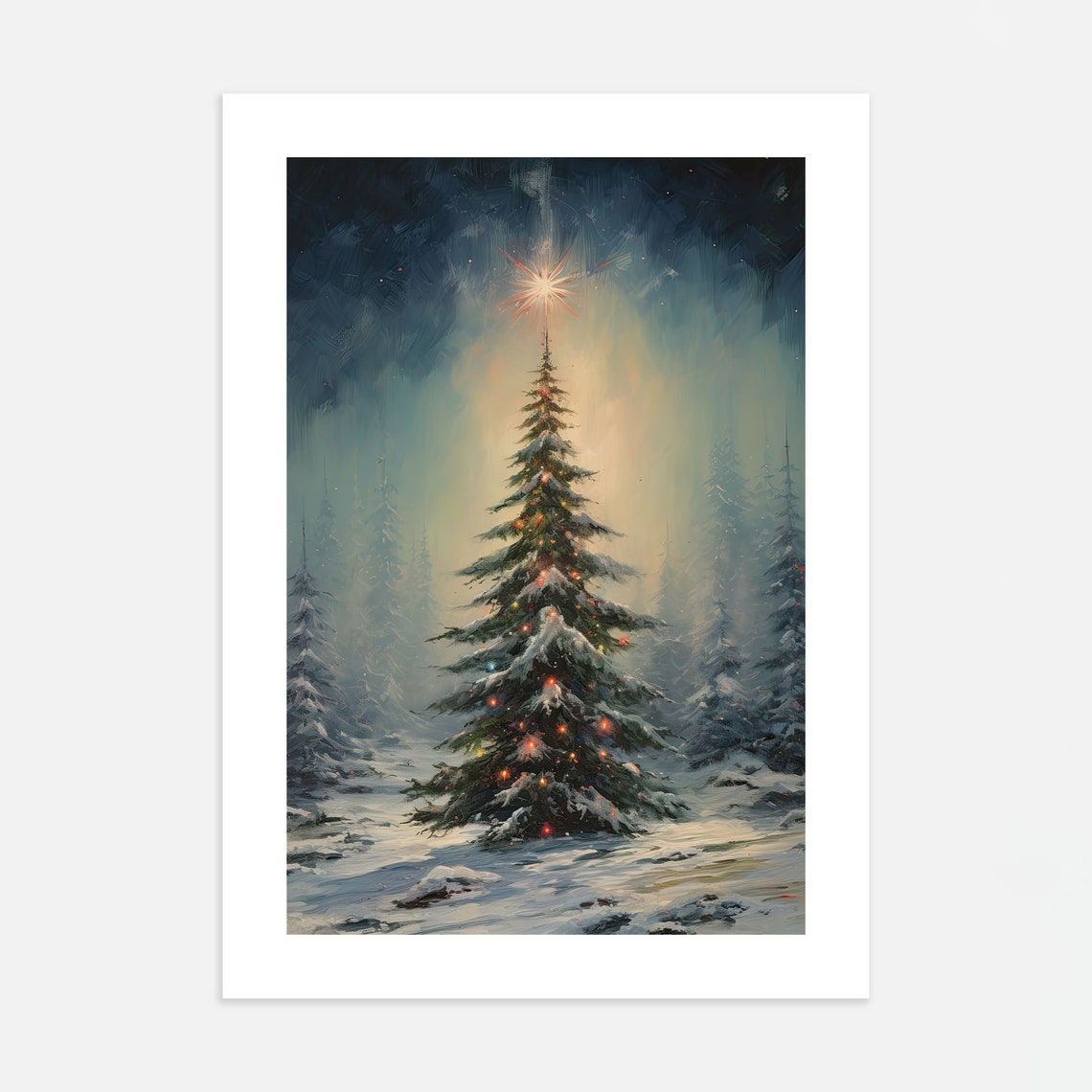 Snowy Christmas Tree Glowing Star Winter Forest Night Poster - Image 4