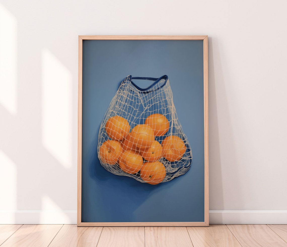 Mesh Bag of Oranges on Deep Blue Modern Fruit Still Life Wall Art
