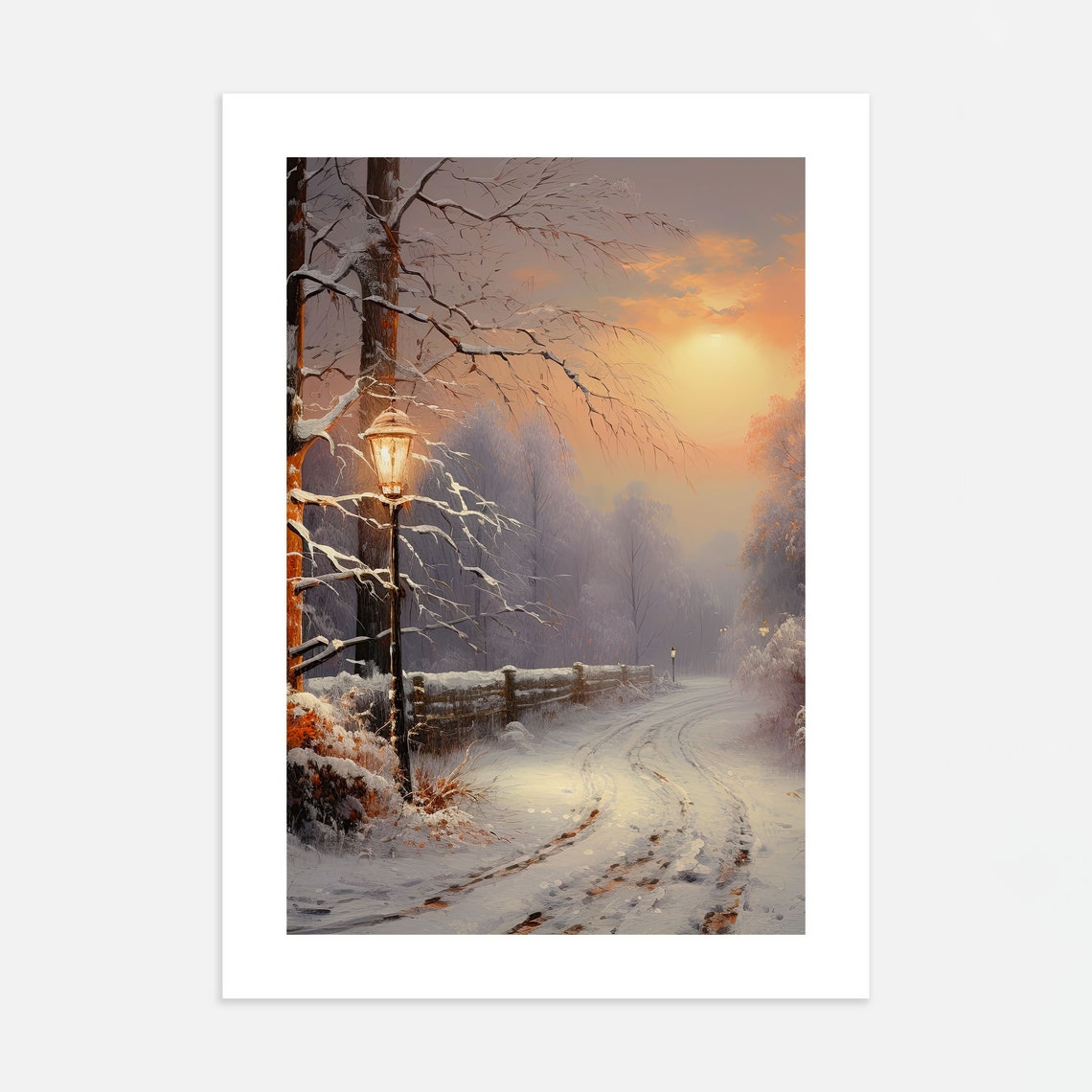 Snowy Winter Street Glowing Lamppost Sunset Landscape Poster - Image 4