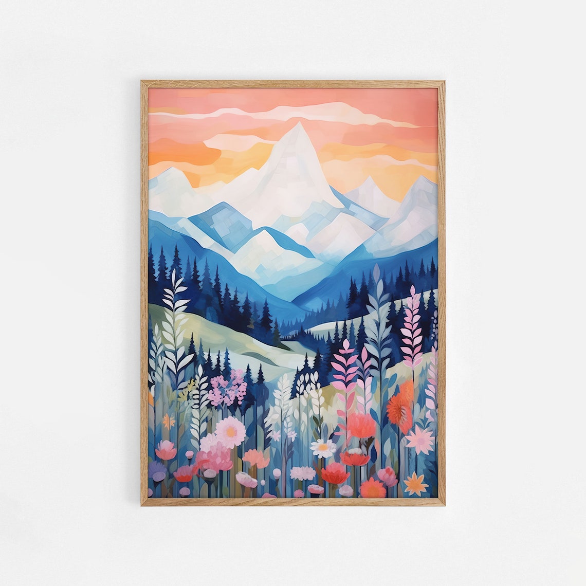 Snowy Mountain Sunset Wildflower Meadow Colorful Landscape Poster