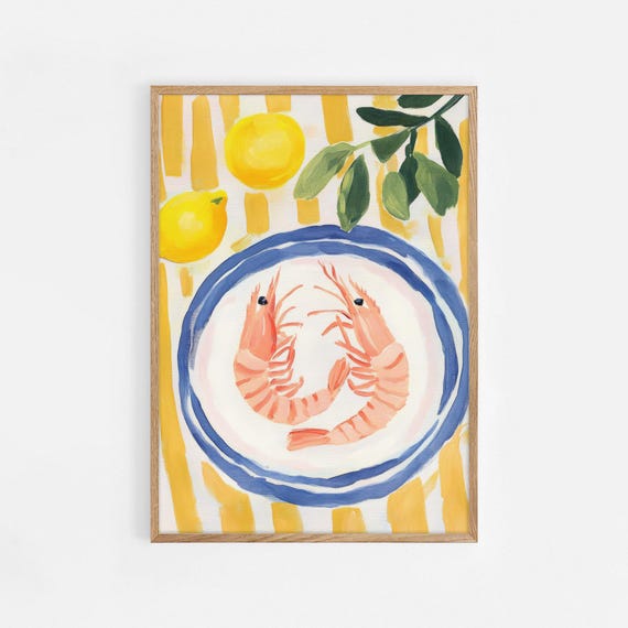 Shrimp Lemon Poster Seafood Art Print Kitchen Wall Restaurant Seafood Print Prawns Art Print Modern Kitchen 802