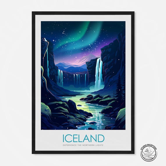 Aurora Borealis Iceland Travel Poster, Reykjavik