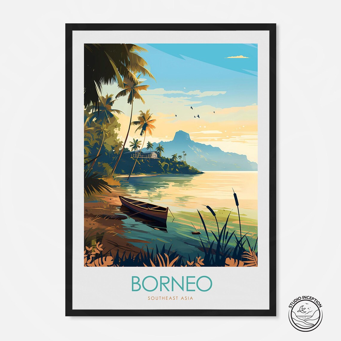 Borneo Southeast Asia Tropical Beach Canoe Vintage Travel Poster