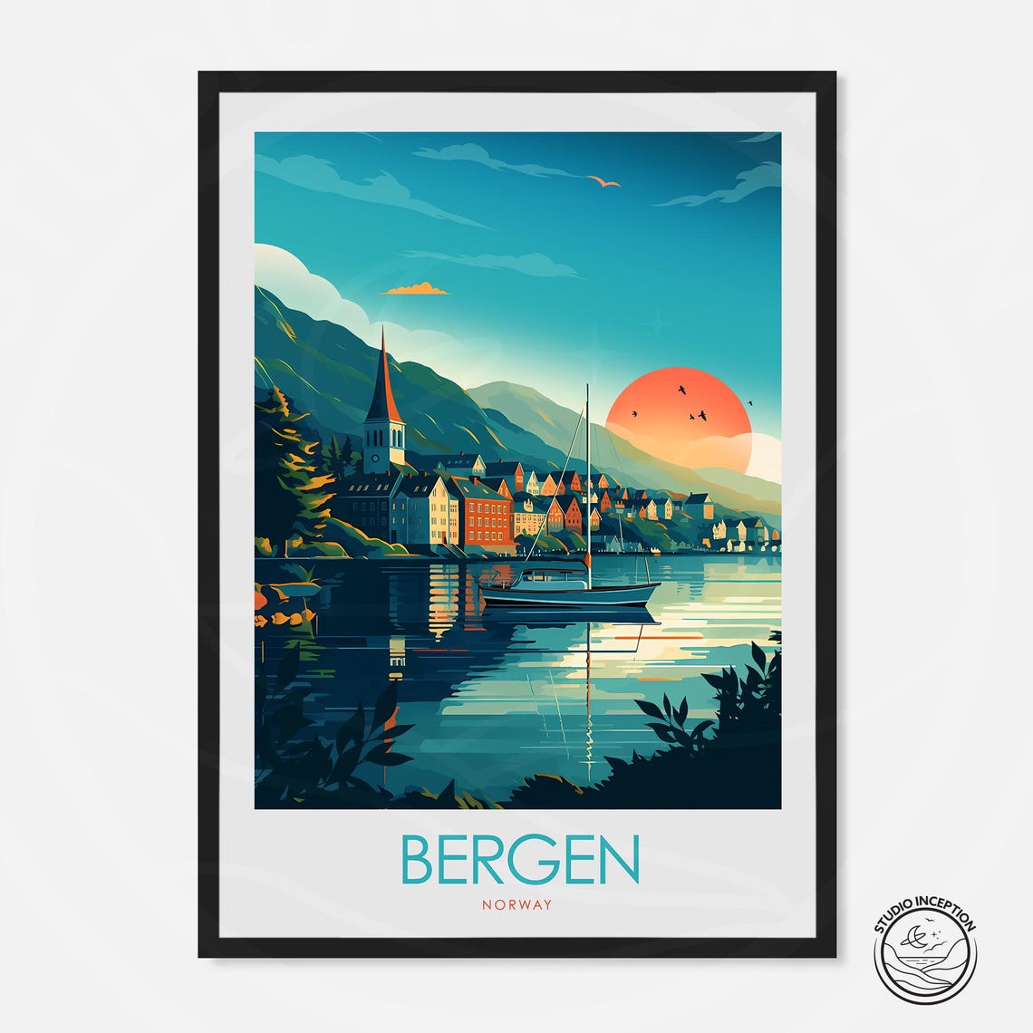 Bergen Norway Harbor Sunset Colorful Waterfront Houses Travel Poster