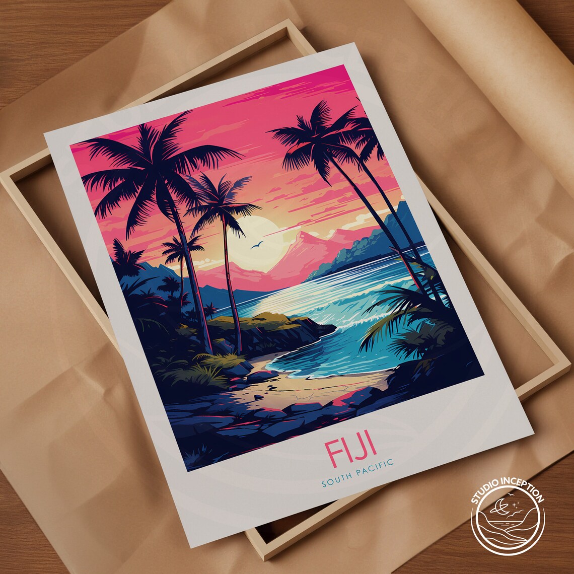 Fiji At Sunset Travel Poster, South Pacific Scene - Image 2