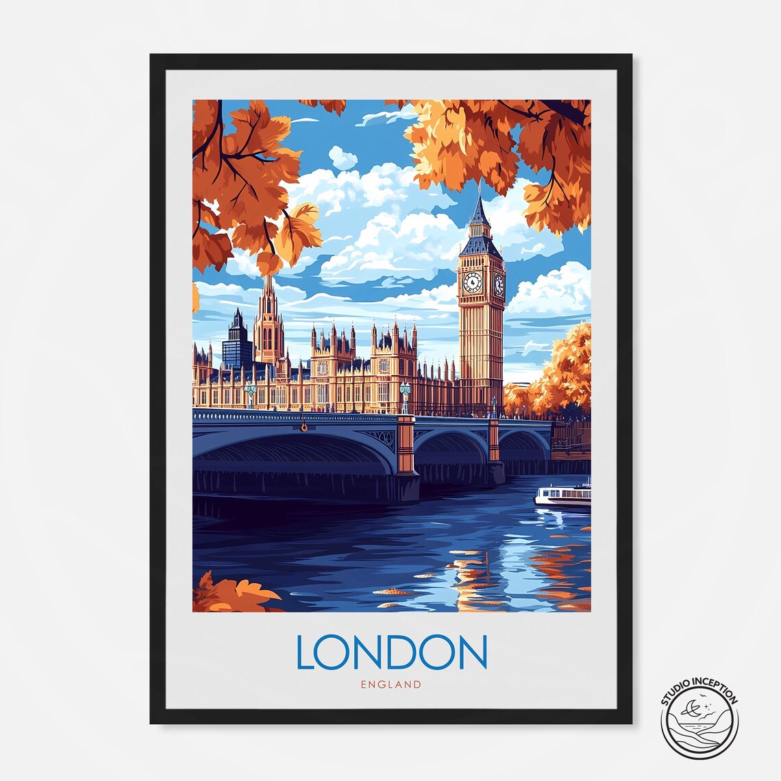 London Big Ben Westminster Bridge Autumn Vintage Travel Poster