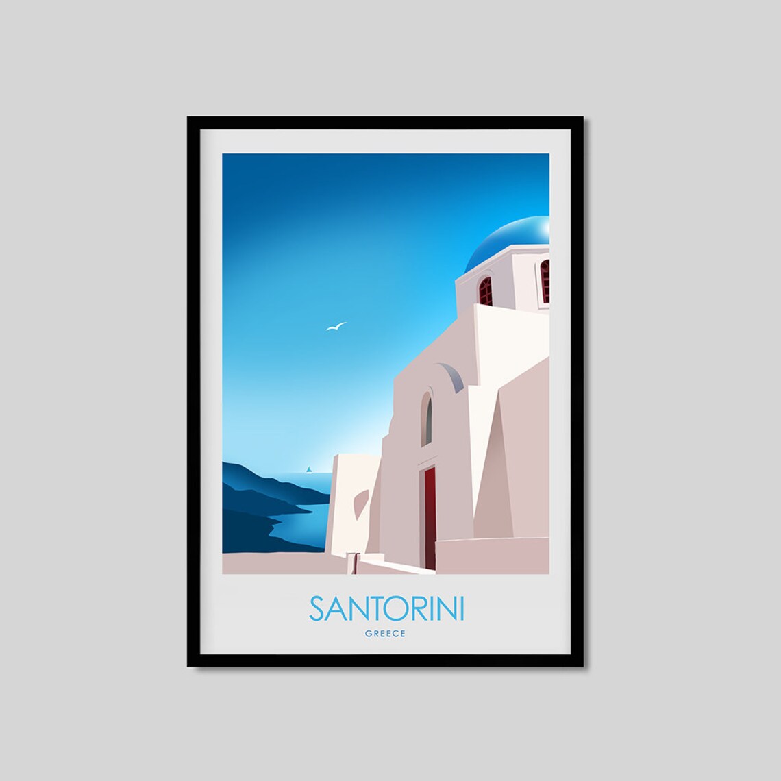 Santorini Travel Poster, Greece Romantic Artwork - Image 2