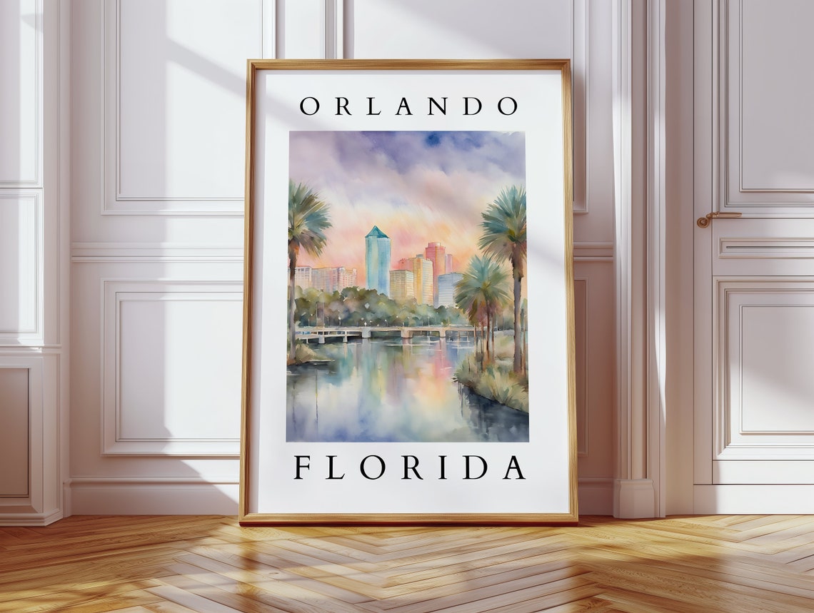 Orlando Florida Watercolor Skyline Palm Trees Lake Reflection Poster