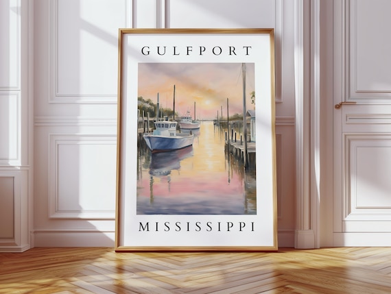 Gulfport Mississippi Sunset Harbor Travel Poster for Coastal Decor