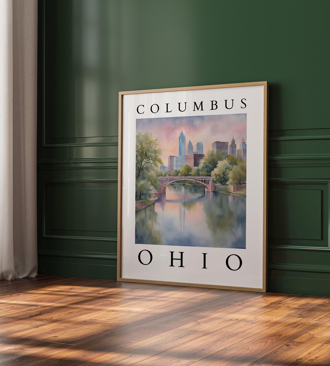 Columbus Ohio River Bridge Sunset Watercolor Cityscape Poster