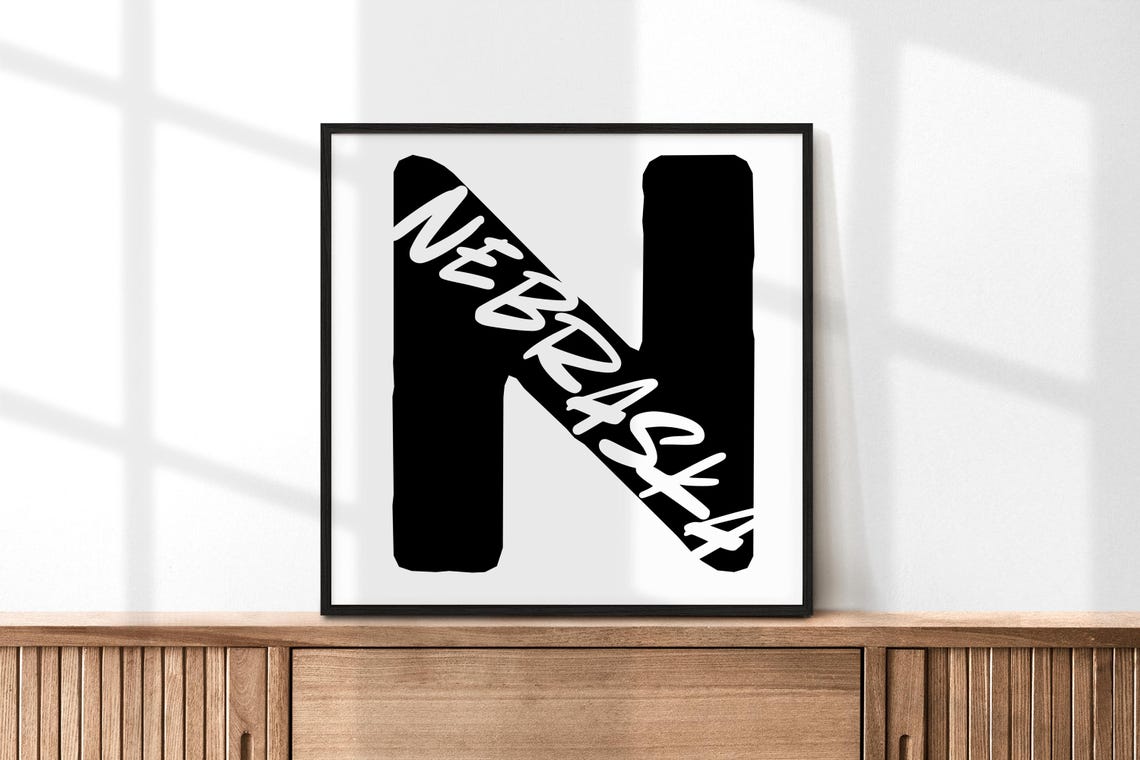 Nebraska Letter N Monogram Black White Typography Poster for Home