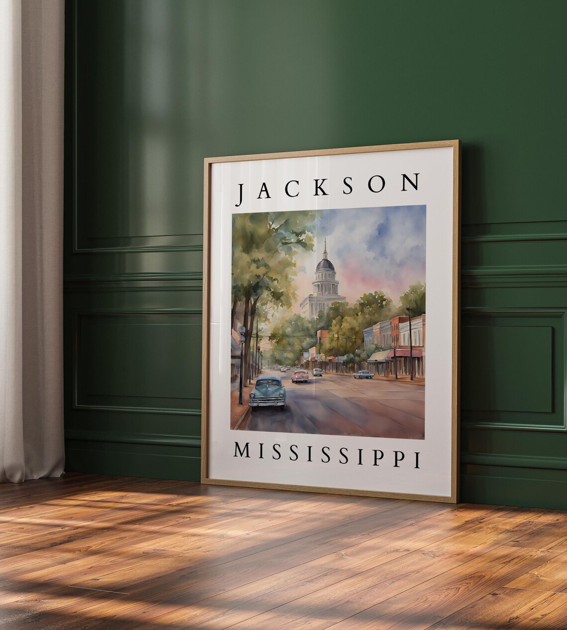 Jackson Mississippi Historic Main Street Watercolor Cityscape Poster