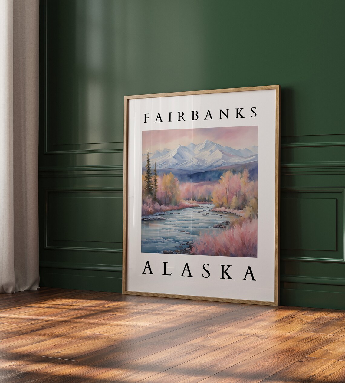 Fairbanks Alaska River Mountain Watercolor Landscape Travel Poster