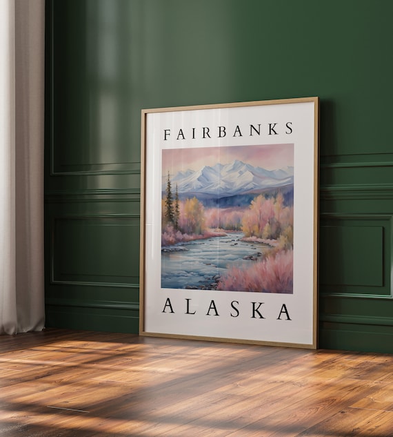 Fairbanks Alaska River Mountain Watercolor Landscape Travel Poster