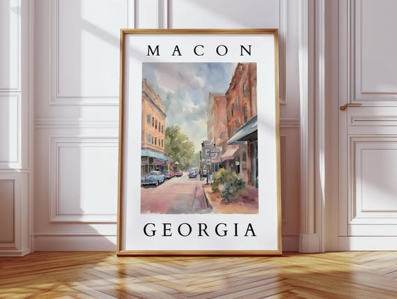 Macon Georgia Watercolor Historic Street Art Southern City Decor Vintage Cityscape For Home Or Office