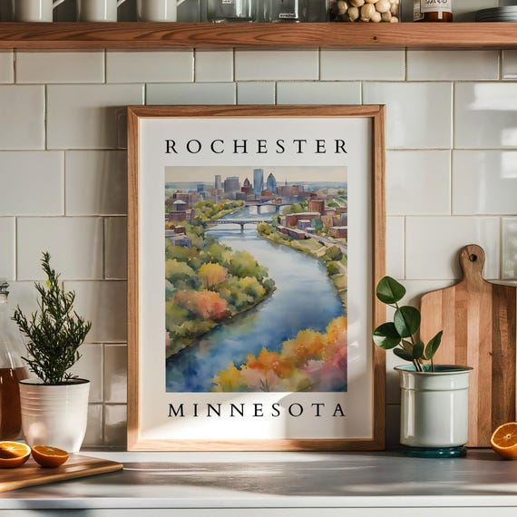 Rochester Minnesota Watercolor Wall Art Cityscape Artwork Skyline Decor For Lovers