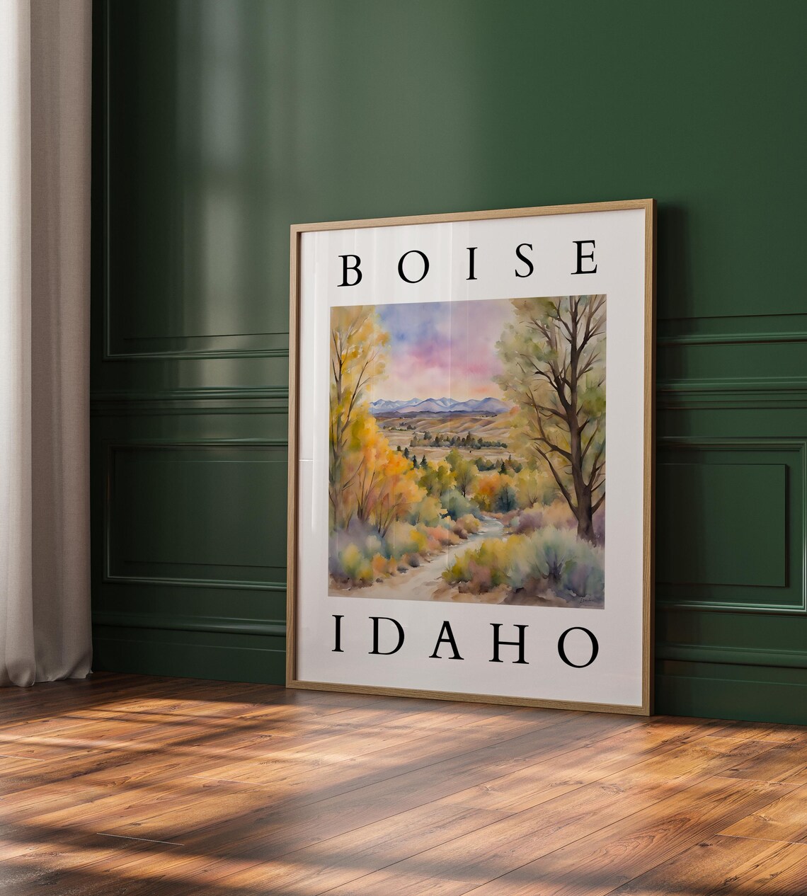 Boise Idaho Watercolor Autumn Landscape Mountain Town Poster