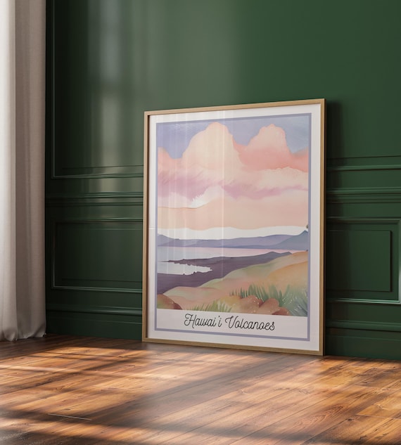 Hawaii Volcanoes National Park Watercolor Crater Pastel Landscape Poster