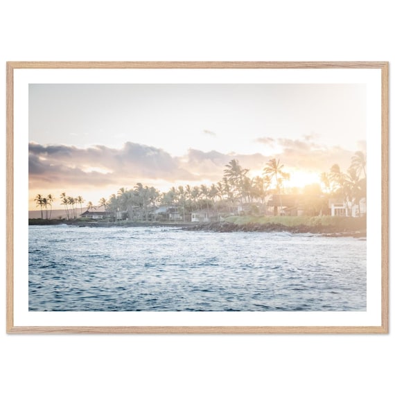 Hawaii Sunset Coast Palm Trees Waterfront Golden Glow Framed Print