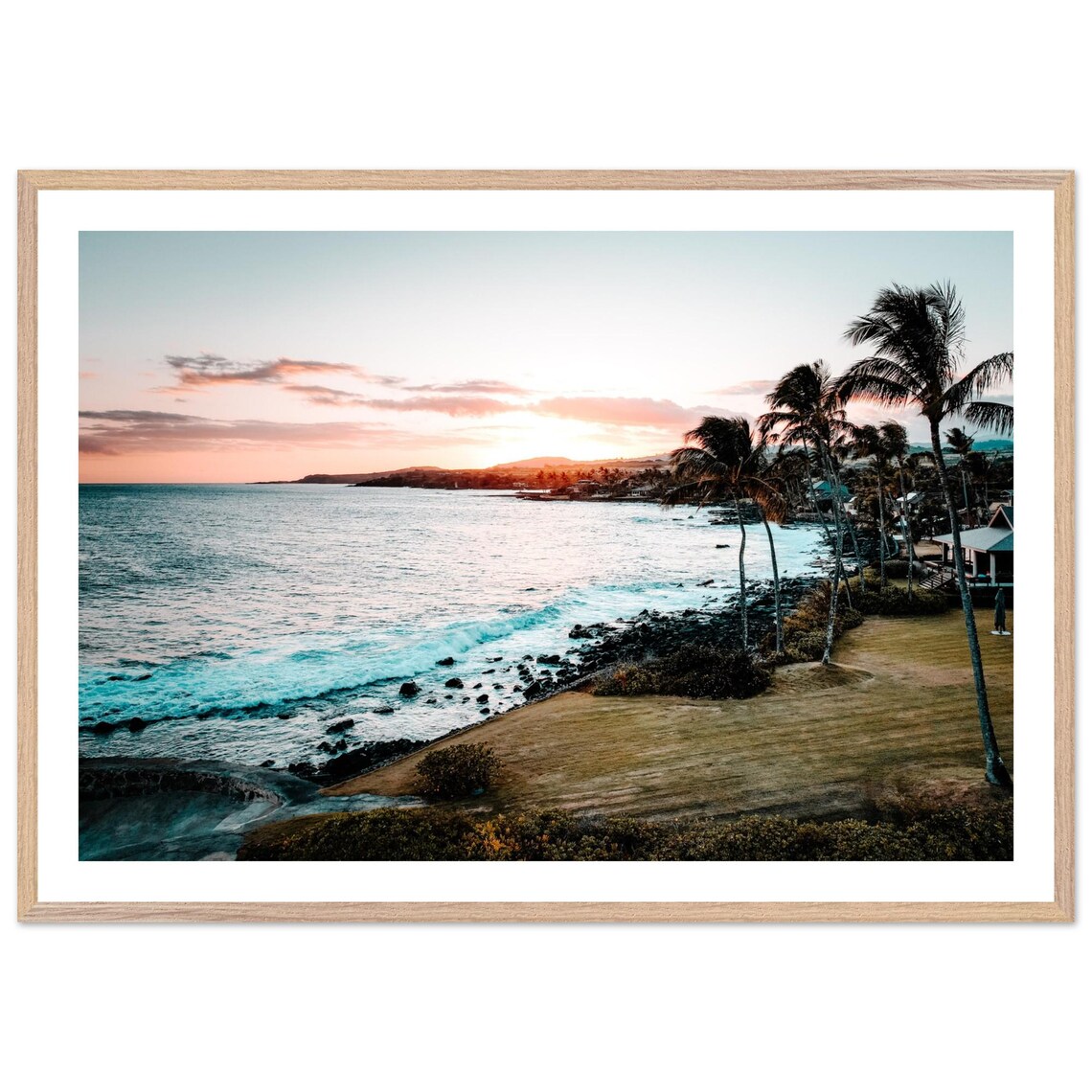 Sunset Coast Palm Trees Turquoise Waves Rocky Shore Hawaii Framed Print