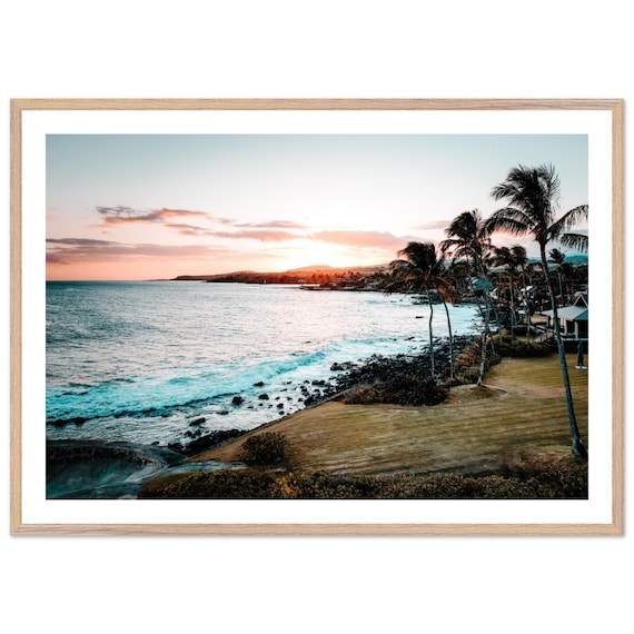Sunset Coast Palm Trees Turquoise Waves Rocky Shore Hawaii Framed Print