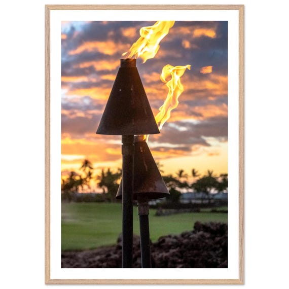 Hawaiian Tiki Torch Sunset Framed Print Tropical Island Wall Art