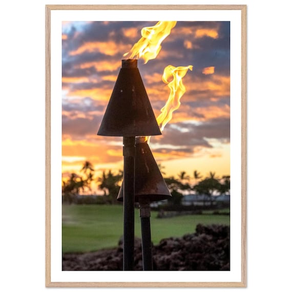 Tiki Torches Sunset Flames Tropical Evening Photography Poster