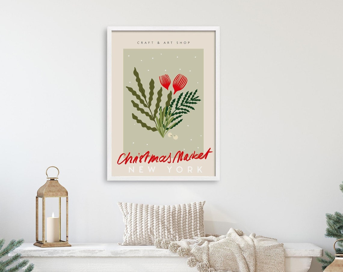 New York Christmas Market Botanical Red Floral Vintage Travel Poster