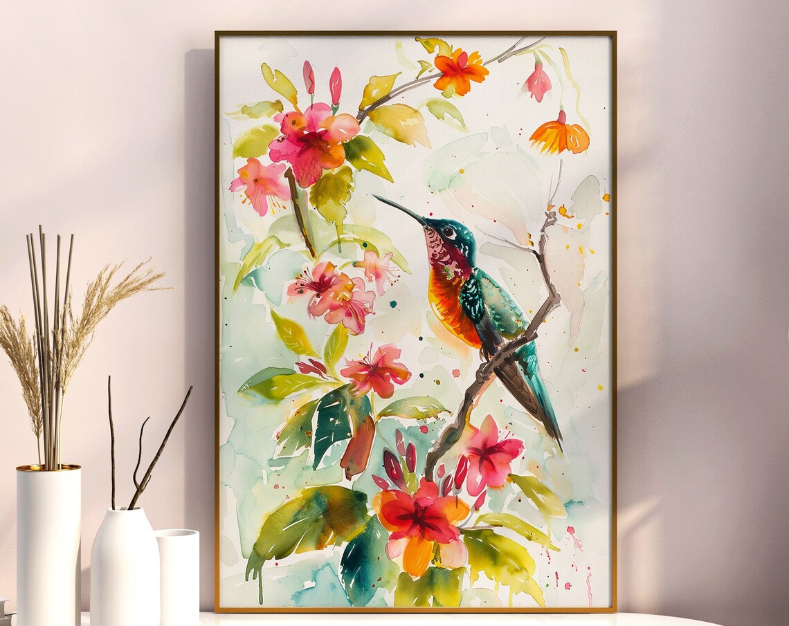 Hummingbird Among Pink Spring Flowers Watercolor Bird Art Poster - Image 5