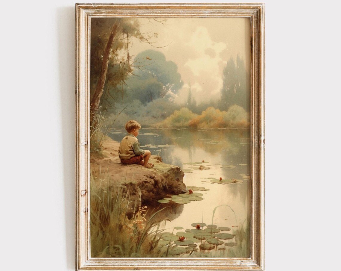 Vintage Boy by Pond Oil Painting, Rustic Print