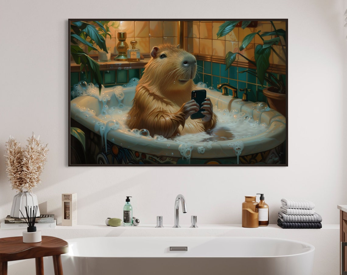 Whimsical Capybara Bath Time Relaxing in Vintage Bubble Bathtub Poster