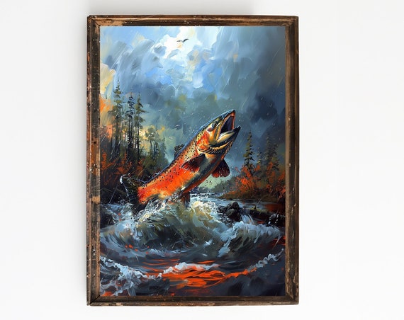 Red Salmon Jumping Out Of River Painting Print Salmon Fishing Wall Art Fishing Decor Gifts For Dad Fathers Day Gifts Fishing Art