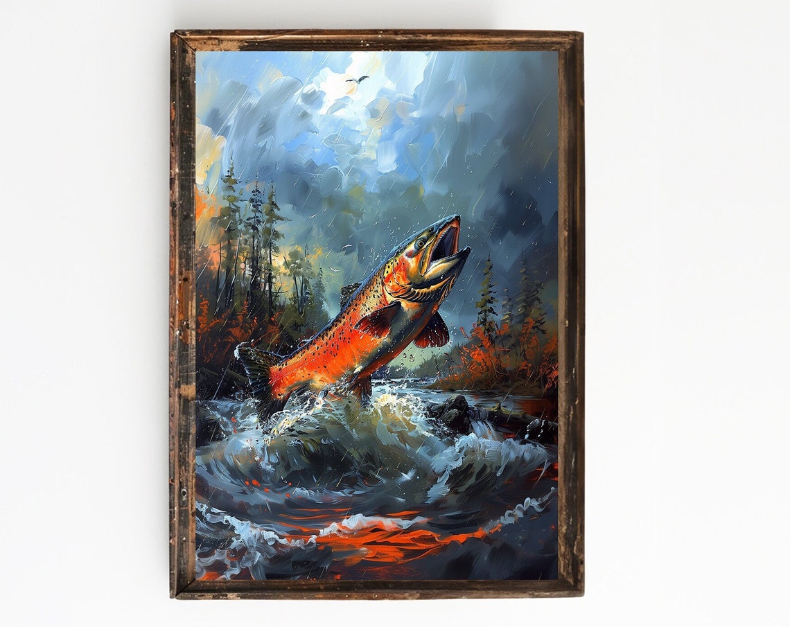 Red Salmon Jumping Out Of River Painting Print Salmon Fishing Wall Art Fishing Decor Gifts For Dad Fathers Day Gifts Fishing Art